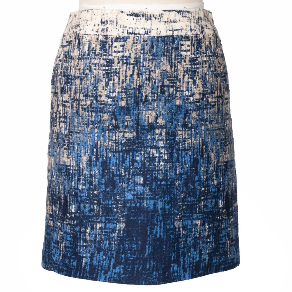 Anne Taylor Petite Abstract Print Pencil Skirt – 2P – Blue & Ivory Cotton
